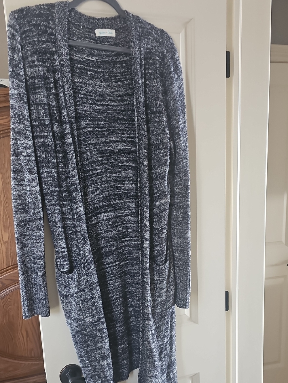 Grace & Lace Marled Black and Gray Open-Front Long Cardigan